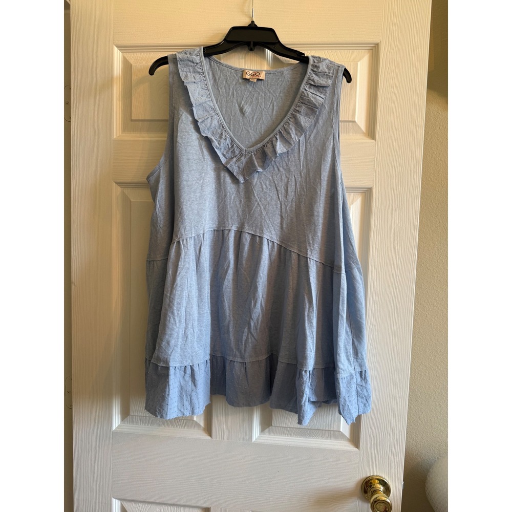 Gigio Plus Womens Blue Linen Blend Ruffle V-Neck Tiered Babydoll Tunic Top 1XL